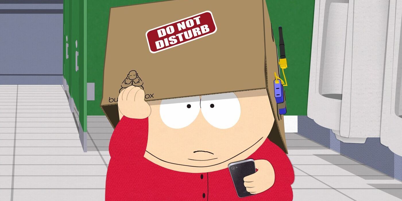 South Park Cartman wearing box while holding iPhone