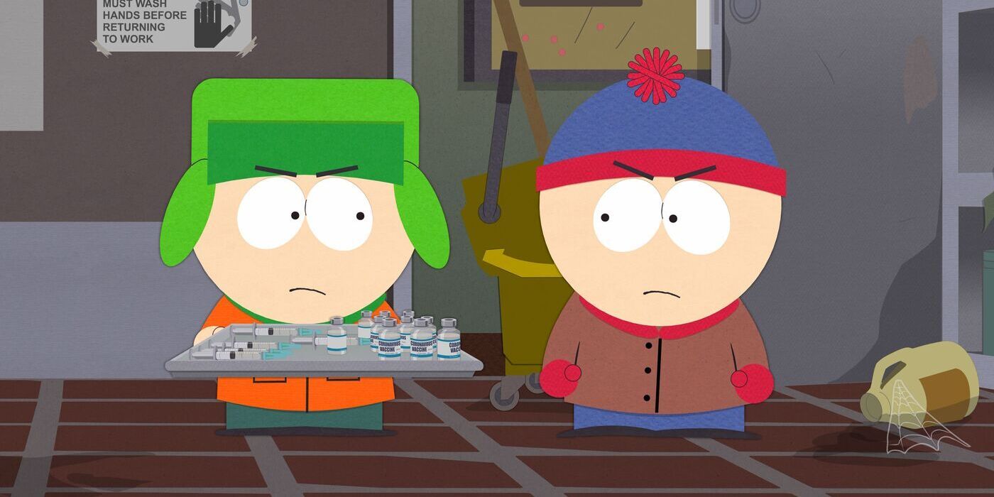 South Park Stan glares at Stan holding a vaccination tray