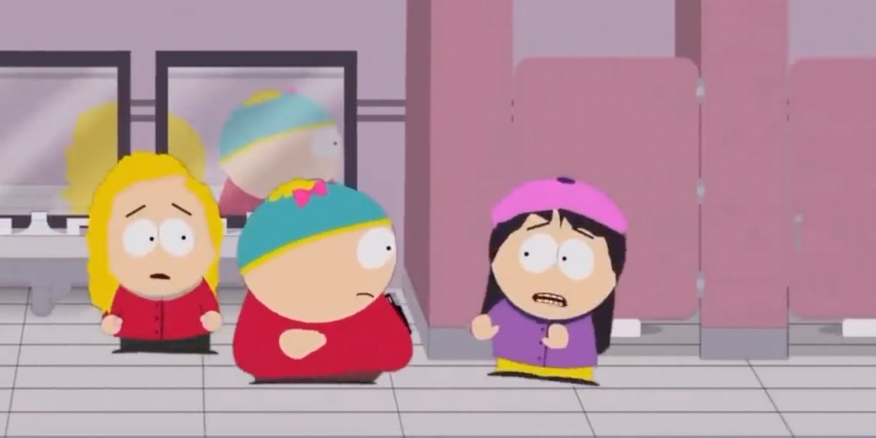 Eric Cartman tries to bypass Wendy Testaburger to use the women's bathroom in the South Park episode The Cissy