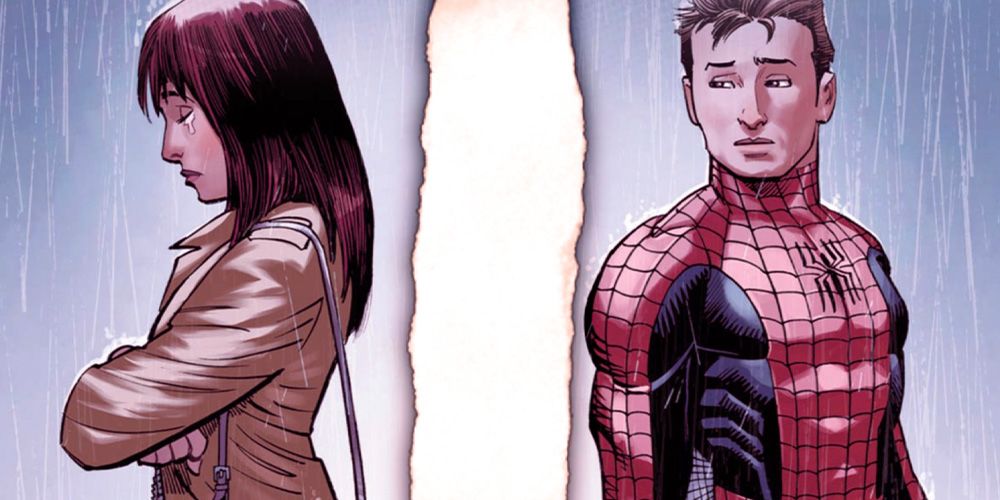 Split image down the middle, of MJ and Spider-Man, unmasked, as he looks on. 
