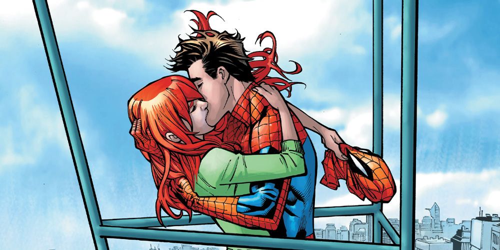 Spider-Man kissing MJ in an elevator high above the city. 