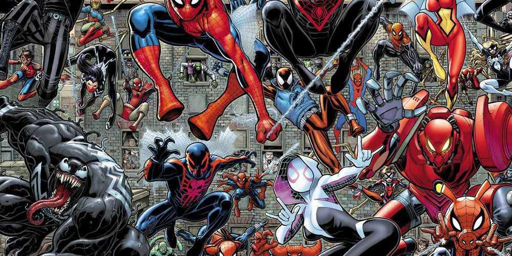 Crowd shot of Venom, Spider-Gwen, Spider-Man 2099, and various other Spider-people going toward the camera.