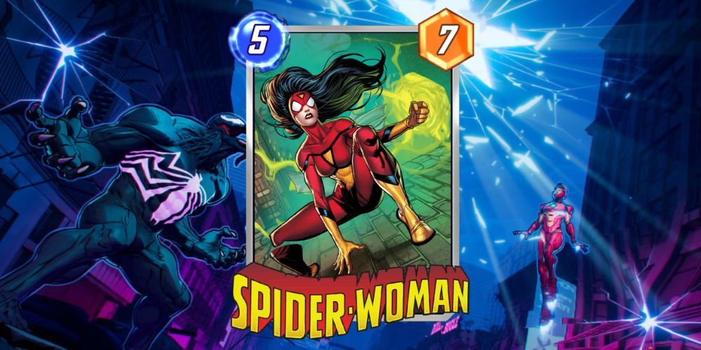 Carta da Mulher-Aranha Marvel Snap com fundo Marvel Snap.