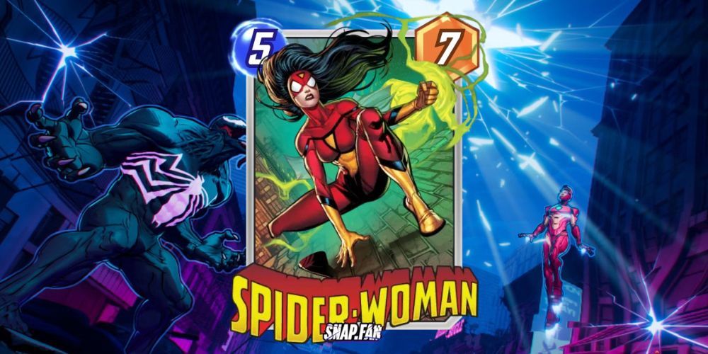 Carta da Mulher-Aranha Marvel Snap com fundo Marvel Snap.