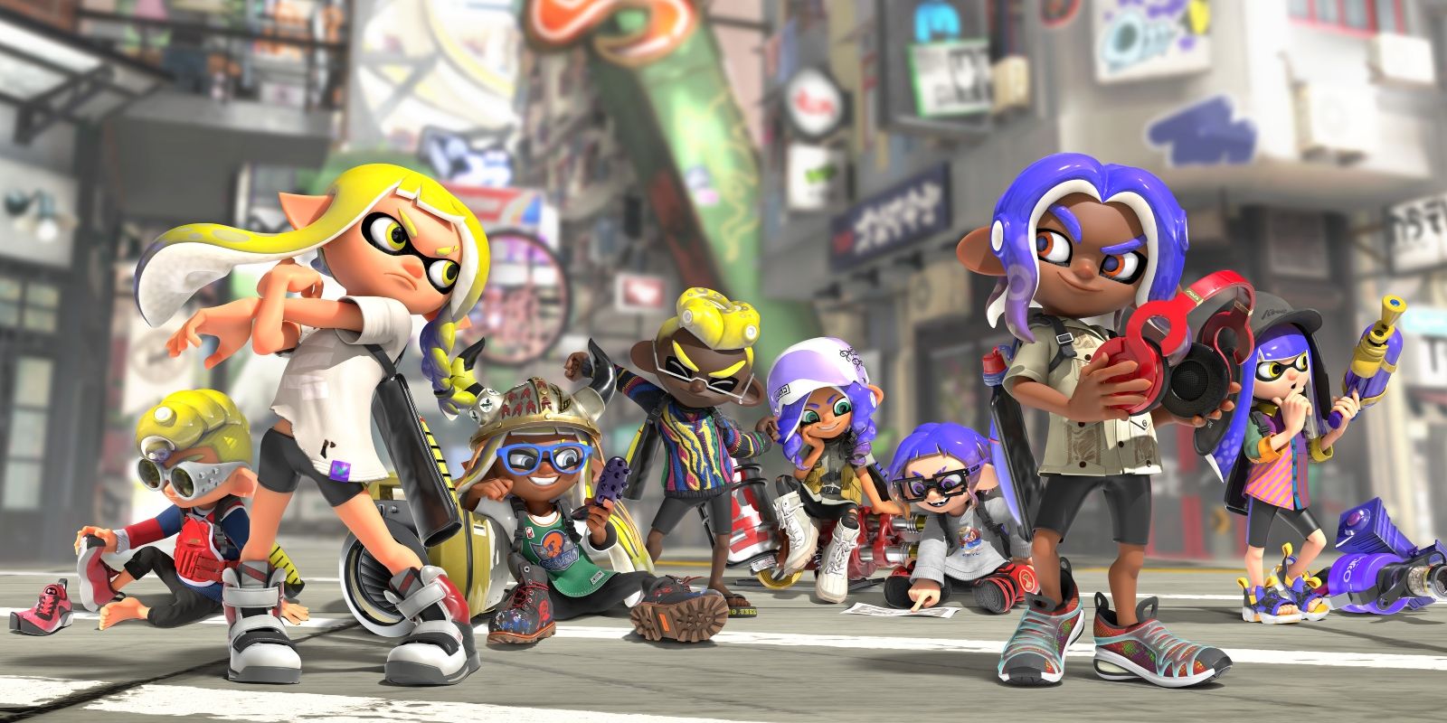 Oito Inklings e Octolings com cabelos amarelos e roxos em uma cidade se preparando para lutar em Splatoon 3.