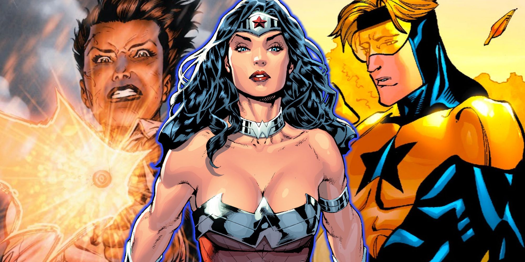 Split image of Amanda Waller, Booster Gold, and Wonder Woman
