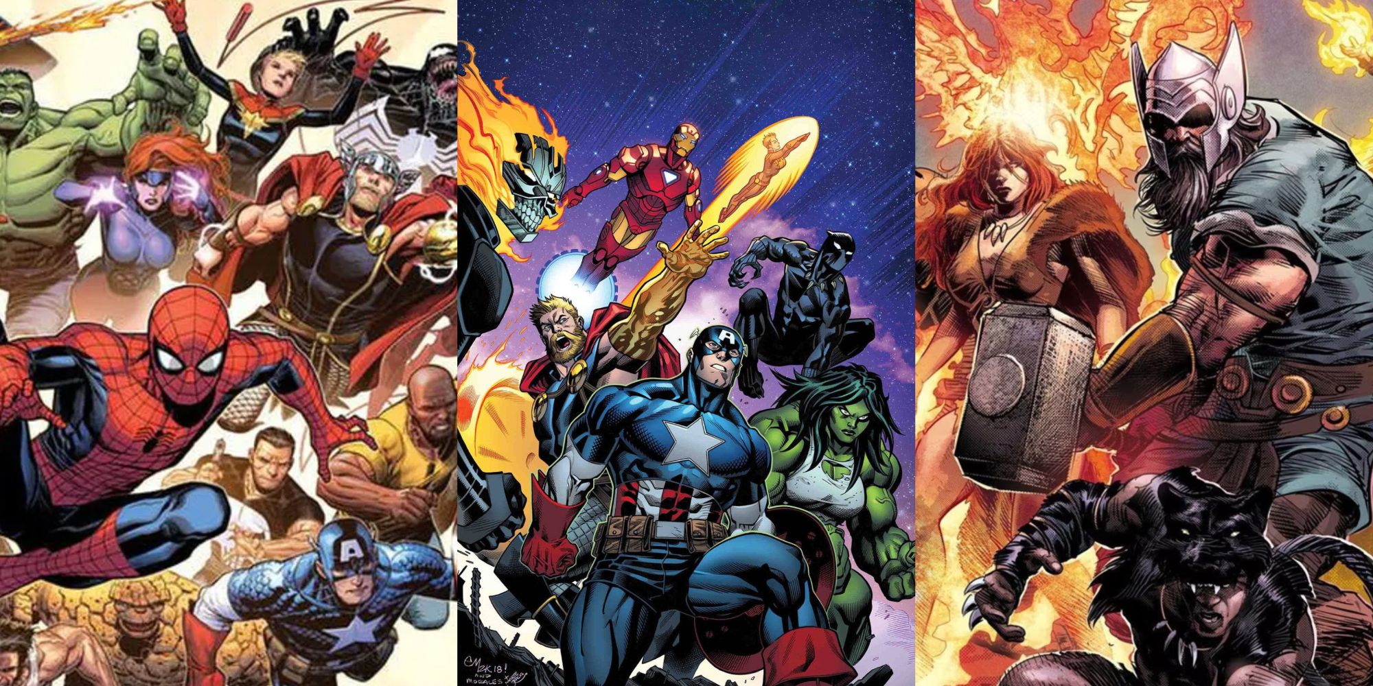 Split image of Avengers in Marvel Comics
