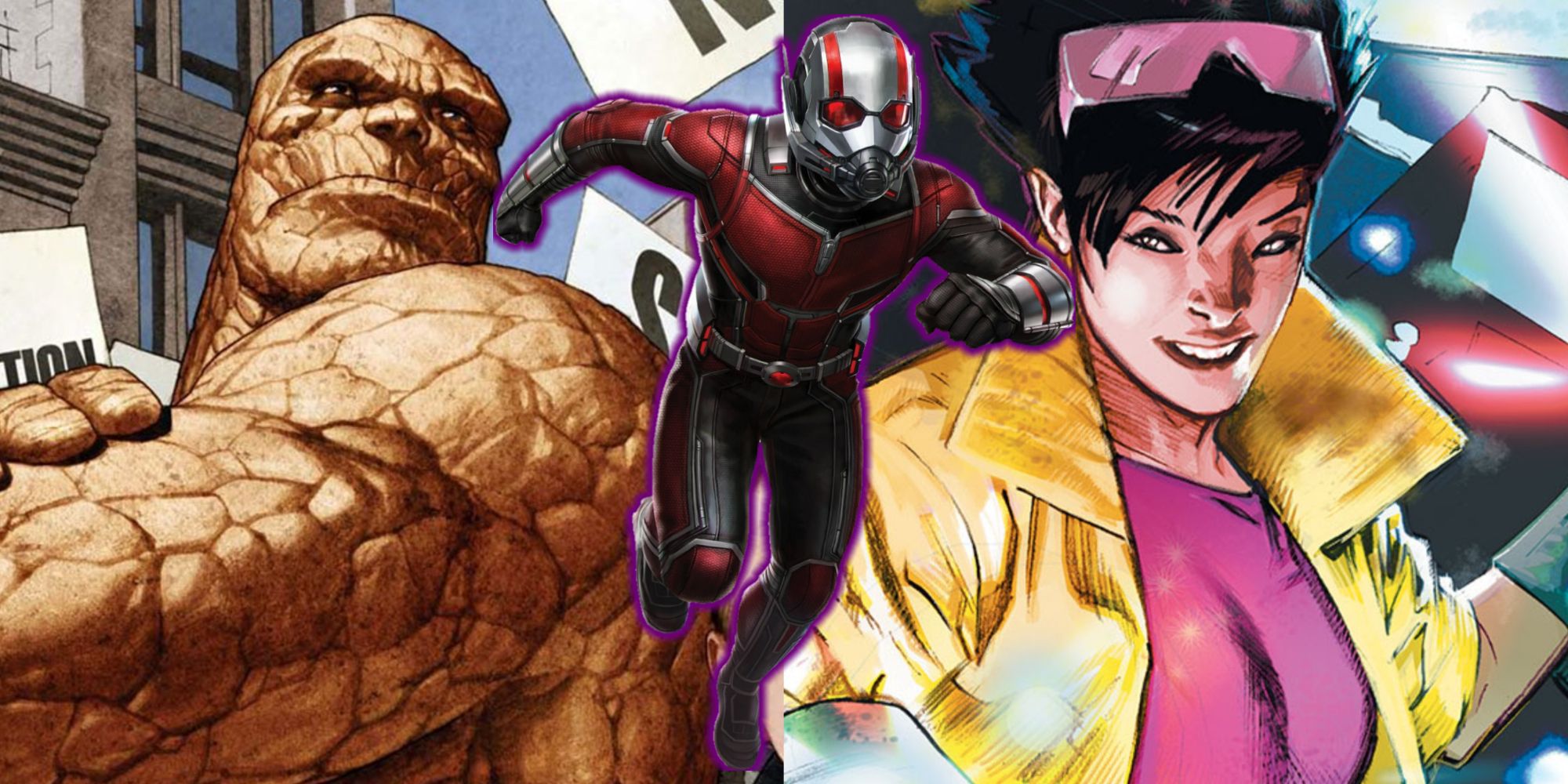 Split image of Ben Grimm AKA The Thing, Ant-Man, and Jubilee