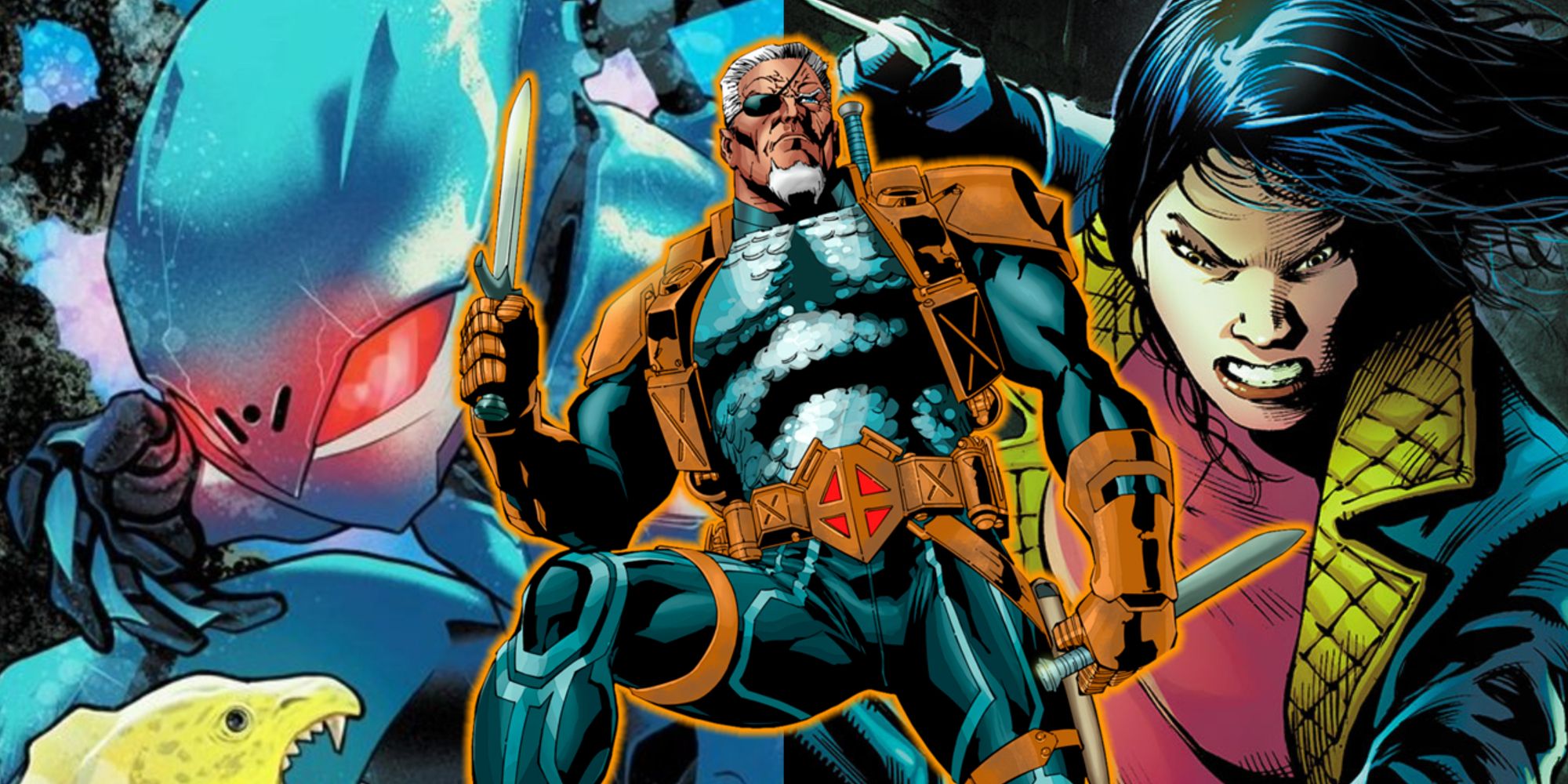 Split image of Black Manta, Deathstroke, and Lady Shiva in DC Comics
