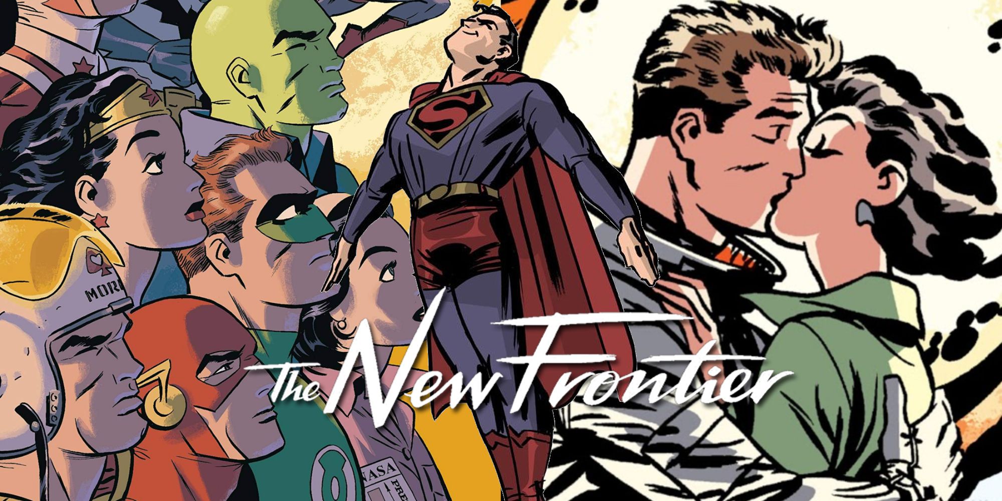 Imagem dividida de Liga da Justiça, Superman, Hal beijando Carol apresentada em The New Frontier da DC