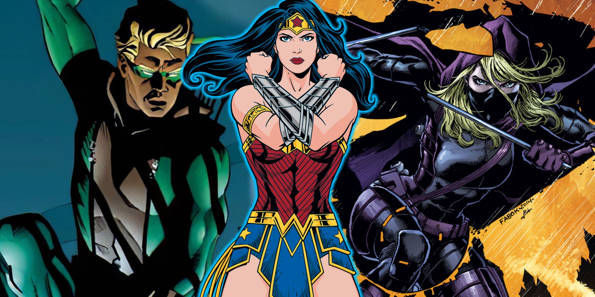 Split image of Connor Hawke, Wonder Woman, and Stephanie Brown in DC Comics