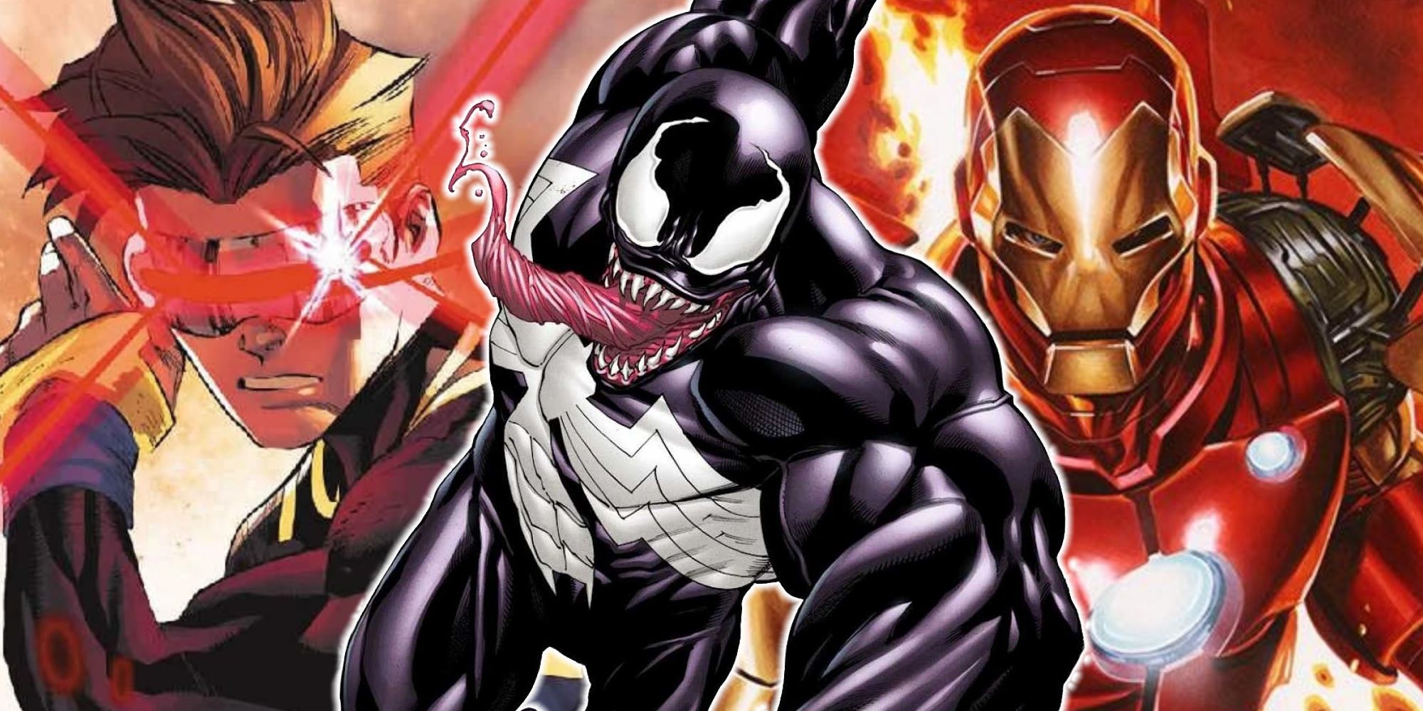 Split image of Cyclops, Venom, and Iron Man for street-level characters in Marvel Comics