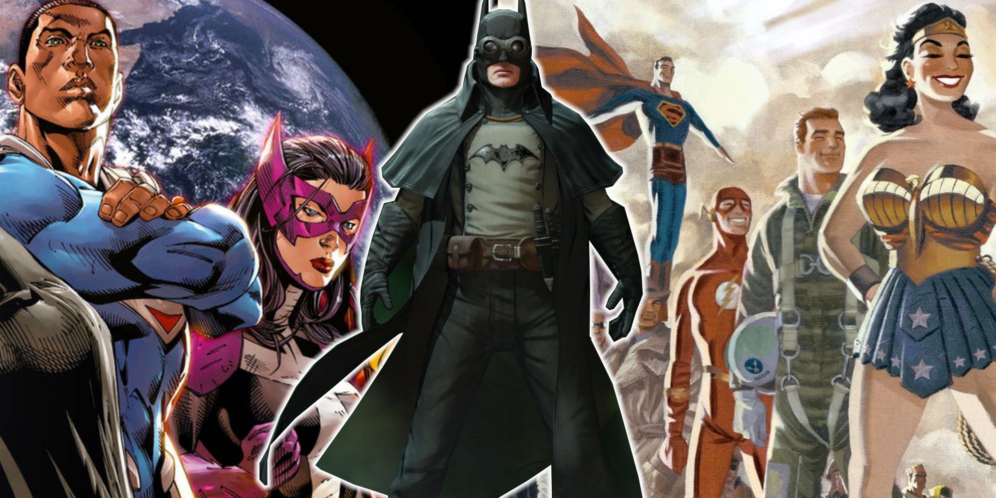 Split image of DC's Earth-2, Gotham By Gaslight, and DC's The New Frontier