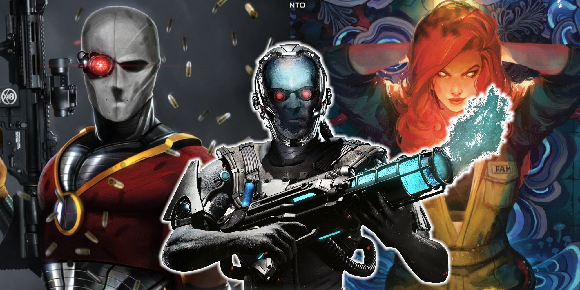 Split image of Deadshot, Mr. Freeze, and Poison Ivy from DC Comics