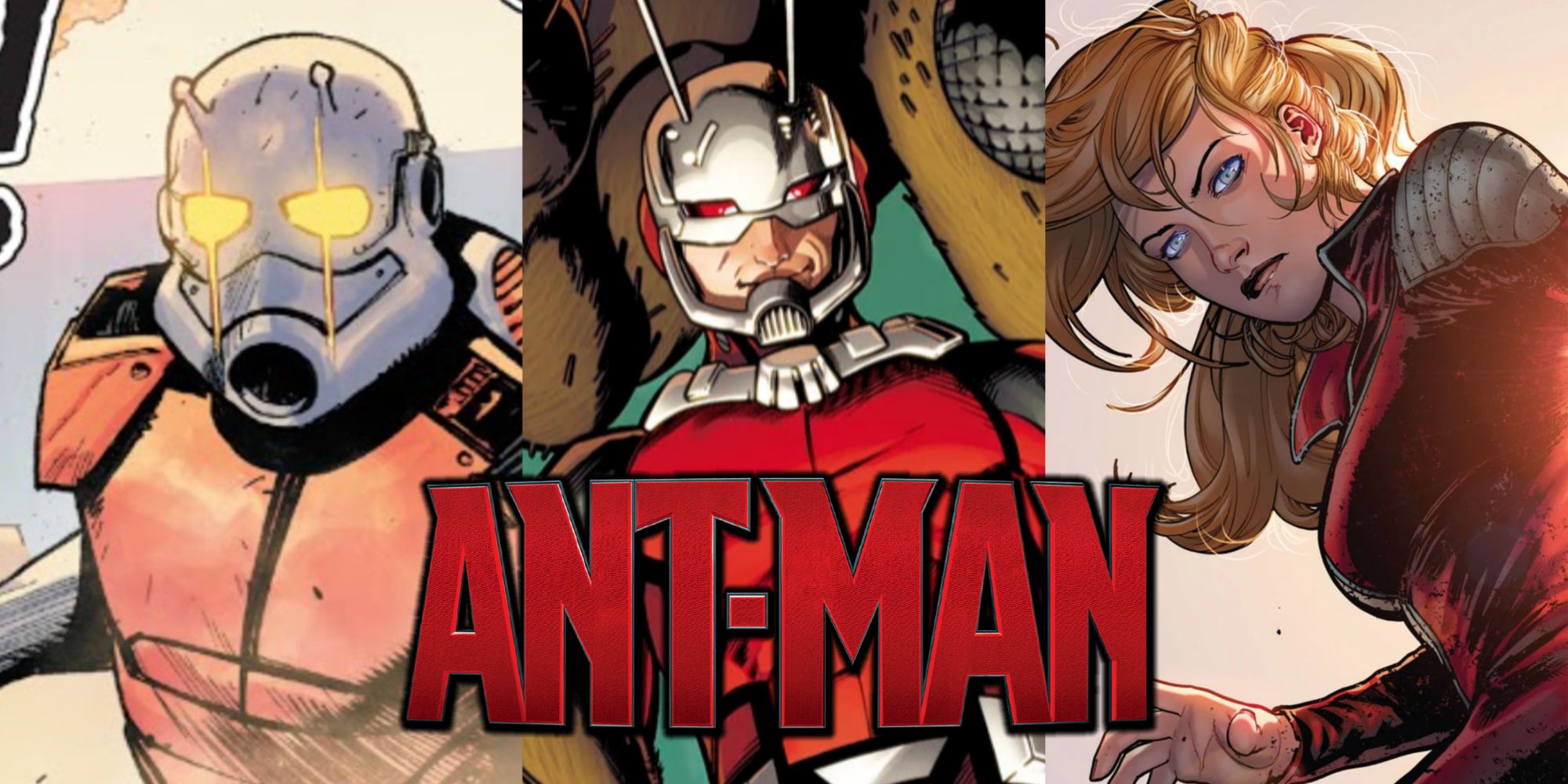 Split image of Dwight Barrett, Scott Lang, and Cassie Lang as different variants of Ant-Man