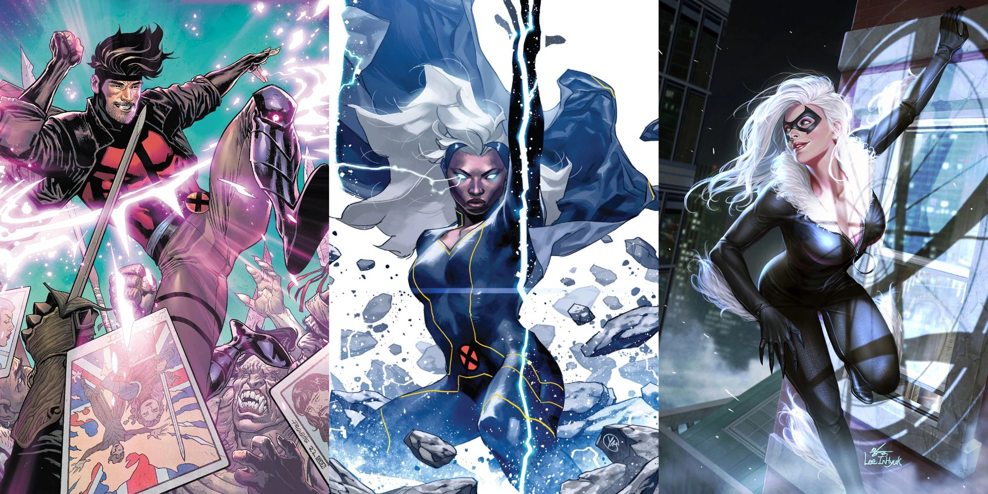Split image of Gambit, Storm and Black Cat Marvel Comics feature