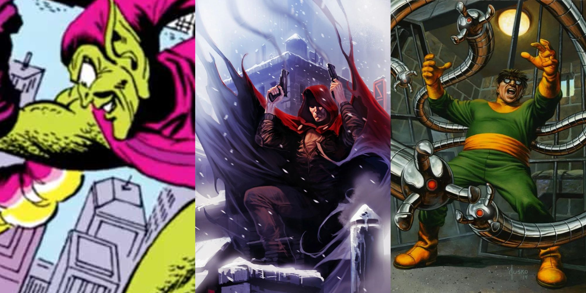 Split image of Green Goblin, Hood and Doc Ock Marvel villain feature