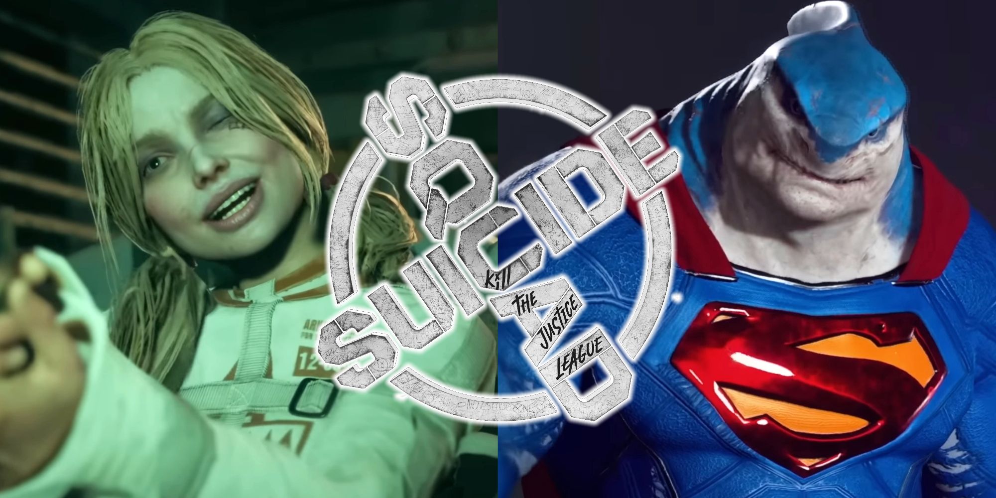 Split image of Harley Quinn and King Shark in alternate costumes in Suicide Squad Kill The Justice League
