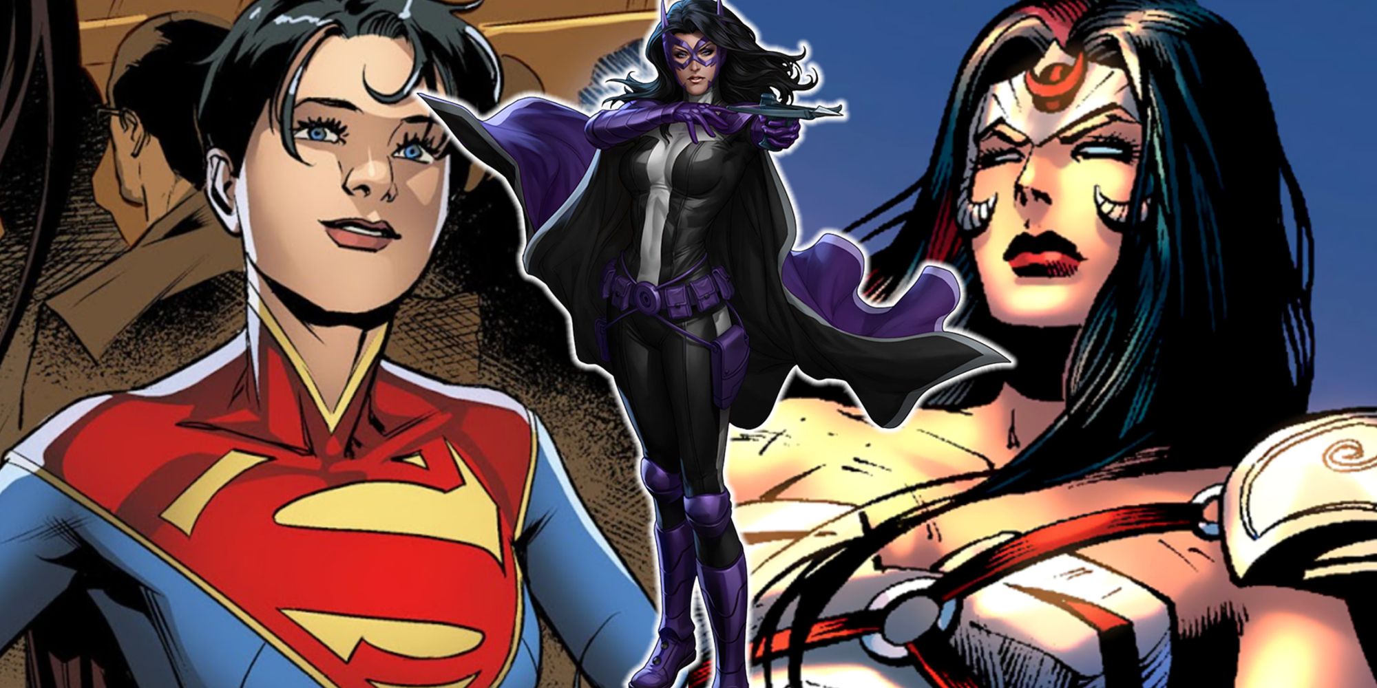 Split image of Lara Lane-Kent, Helena Wayne, and Lyta Trevor in DC Comics