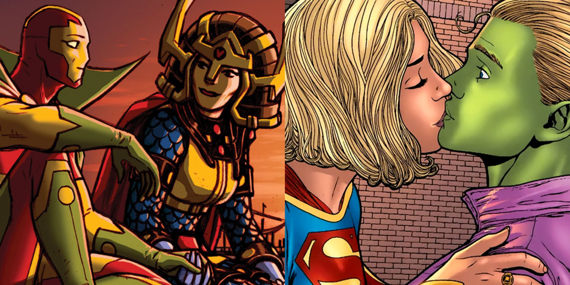 Split image of Mr. Miracle with Big Barda and Supergirl with Brainiac 5 in DC Comics