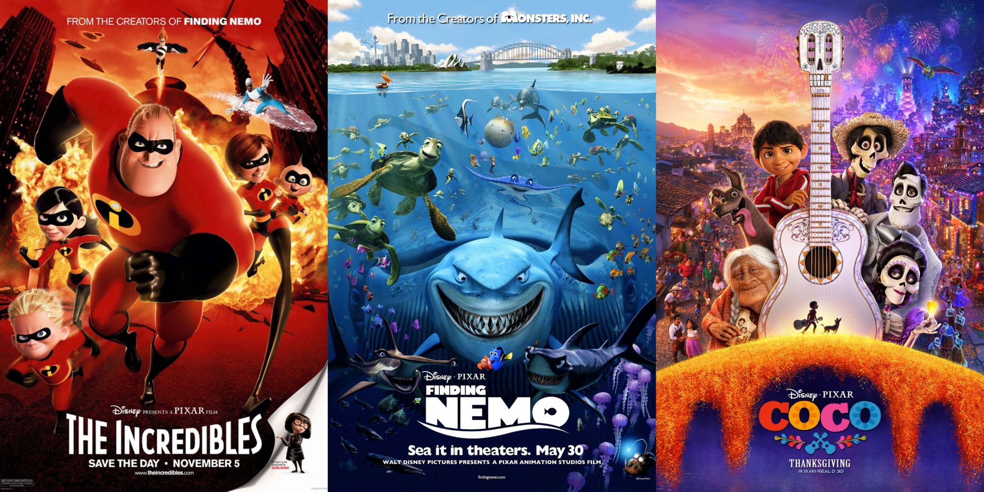 Split image of Pixar movie posters.