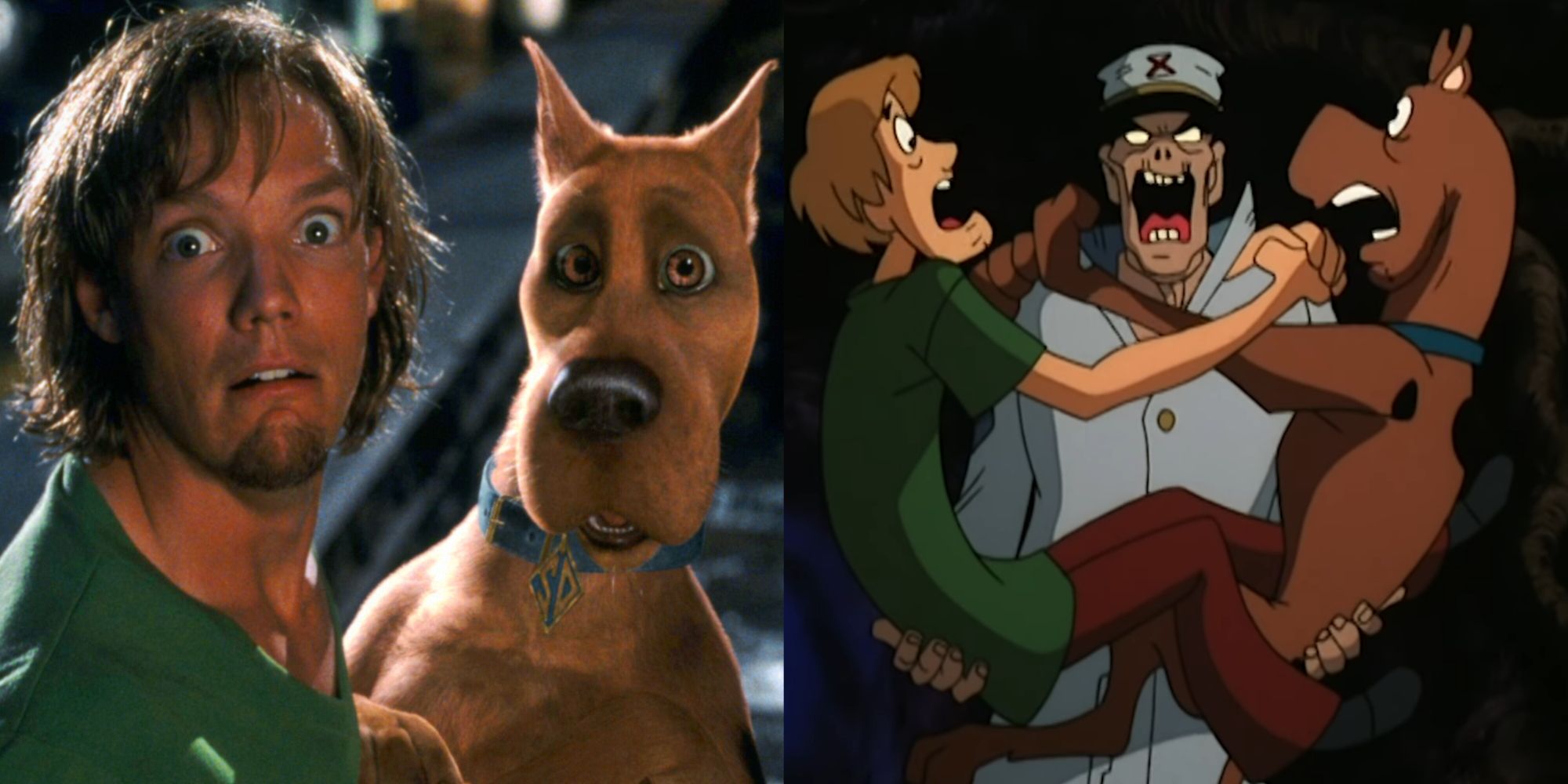 Split image of Scooby and Shaggy in Scooby-Doo The Movie (2002) and Scooby-Doo On Zombie Island