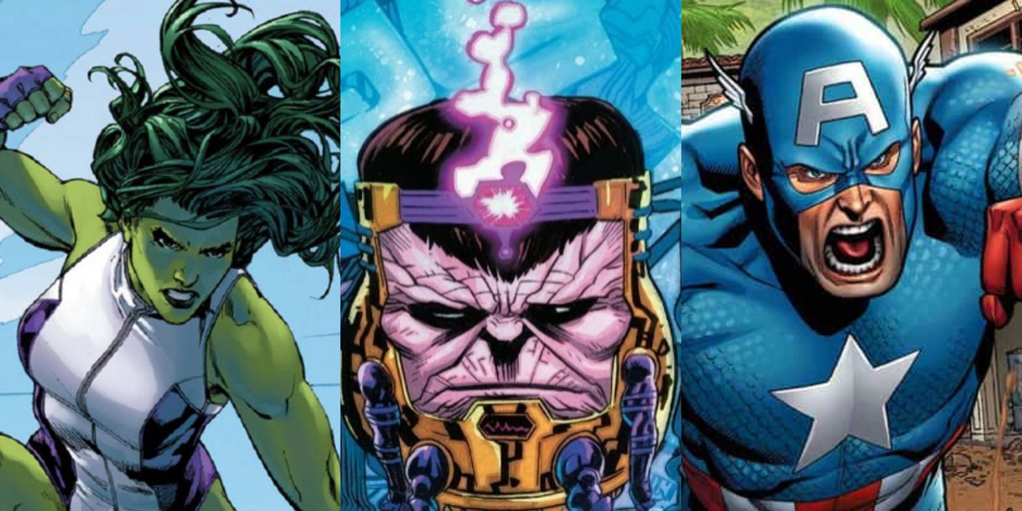Split image of She-Hulk, Modok and Captain America feature