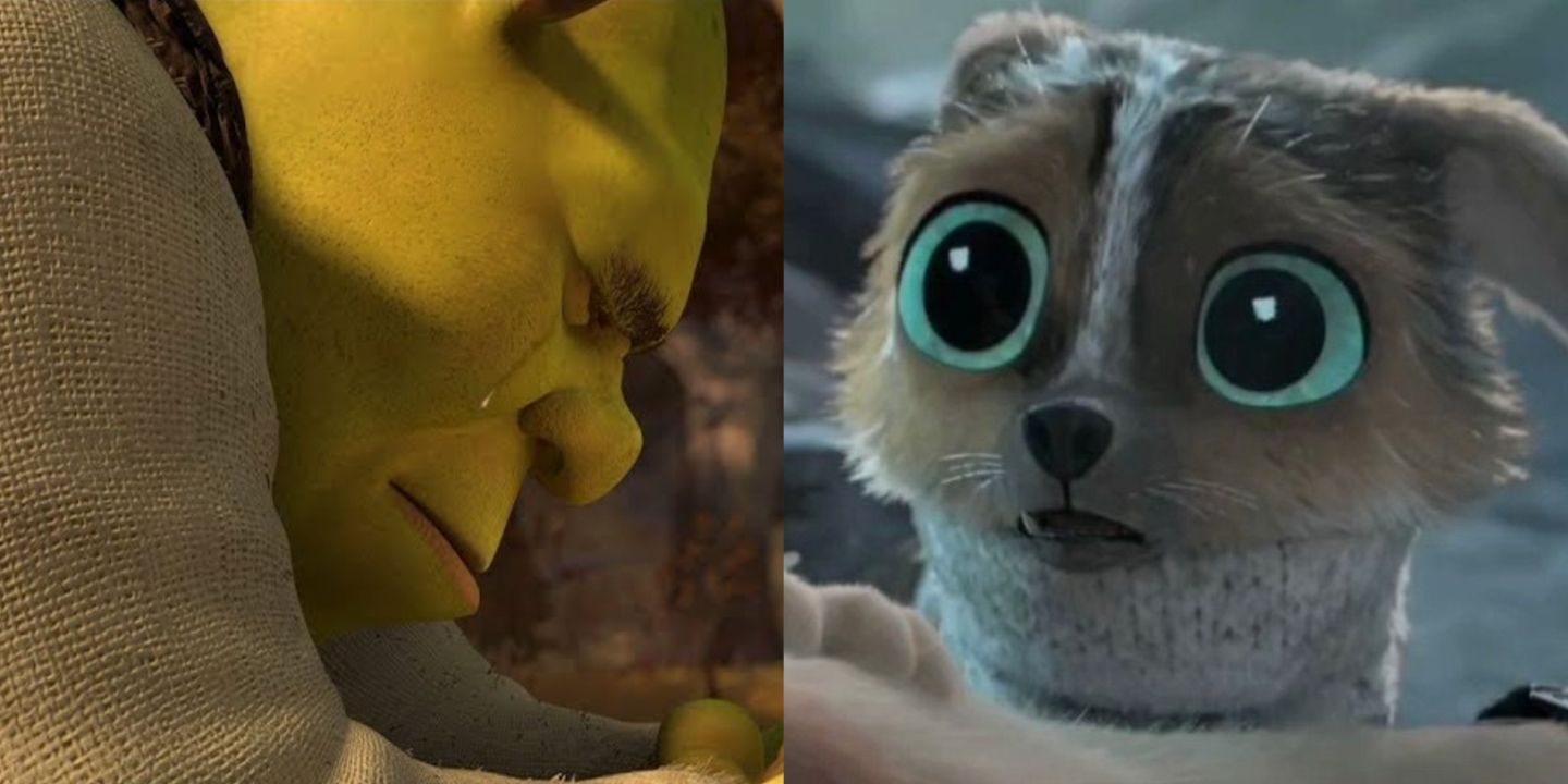 Split image of Shrek and Perrito from Shrek movies.