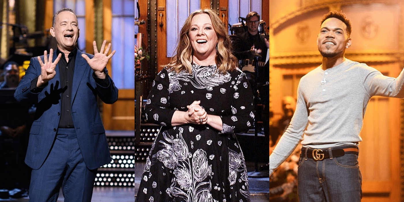Split Image of Tom Hanks, Melissa McCarthy and Chance the Rapper hosting SNL