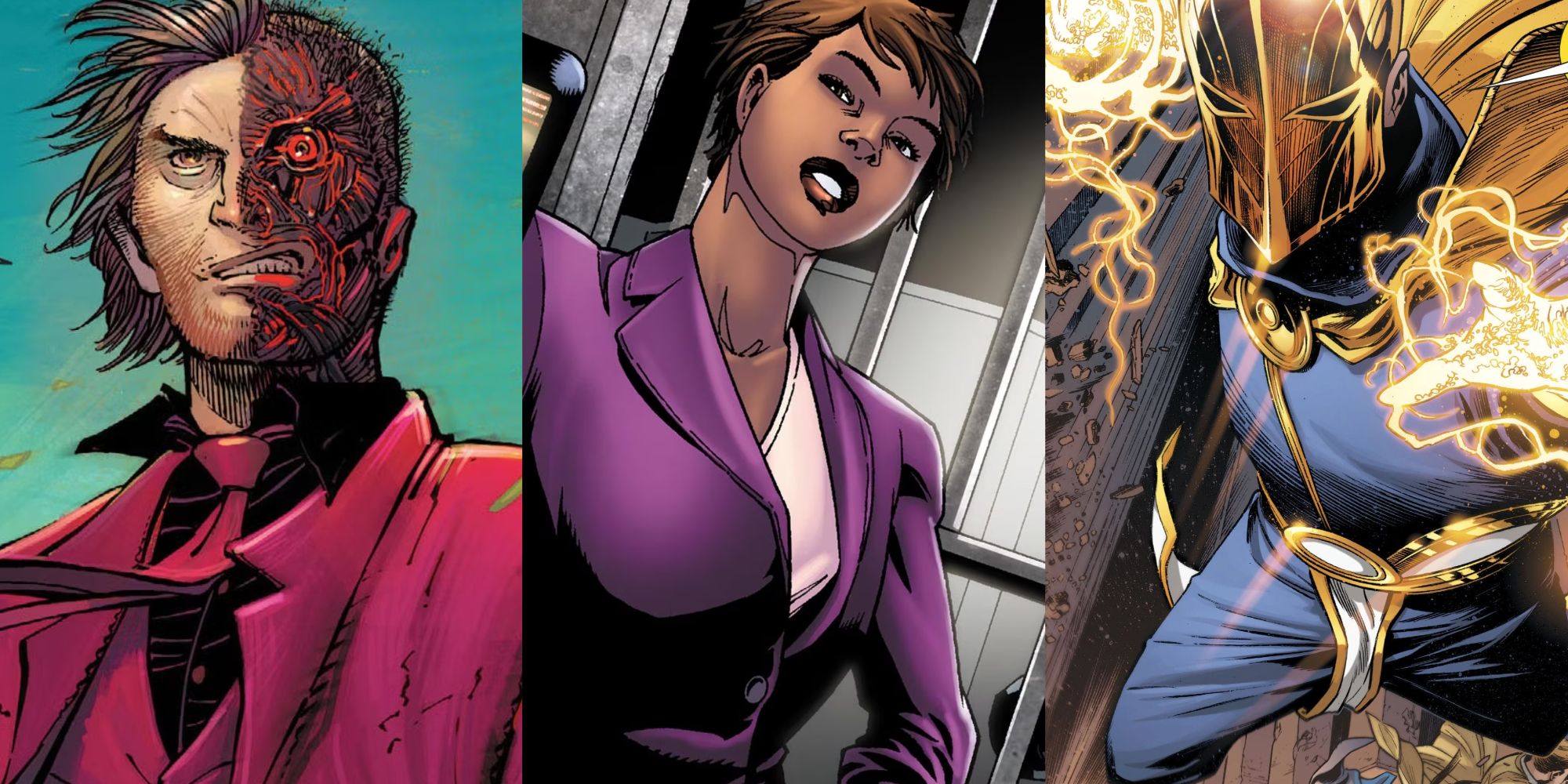 Split image of Two-Face, Amanda Waller and Doctor Fate feature