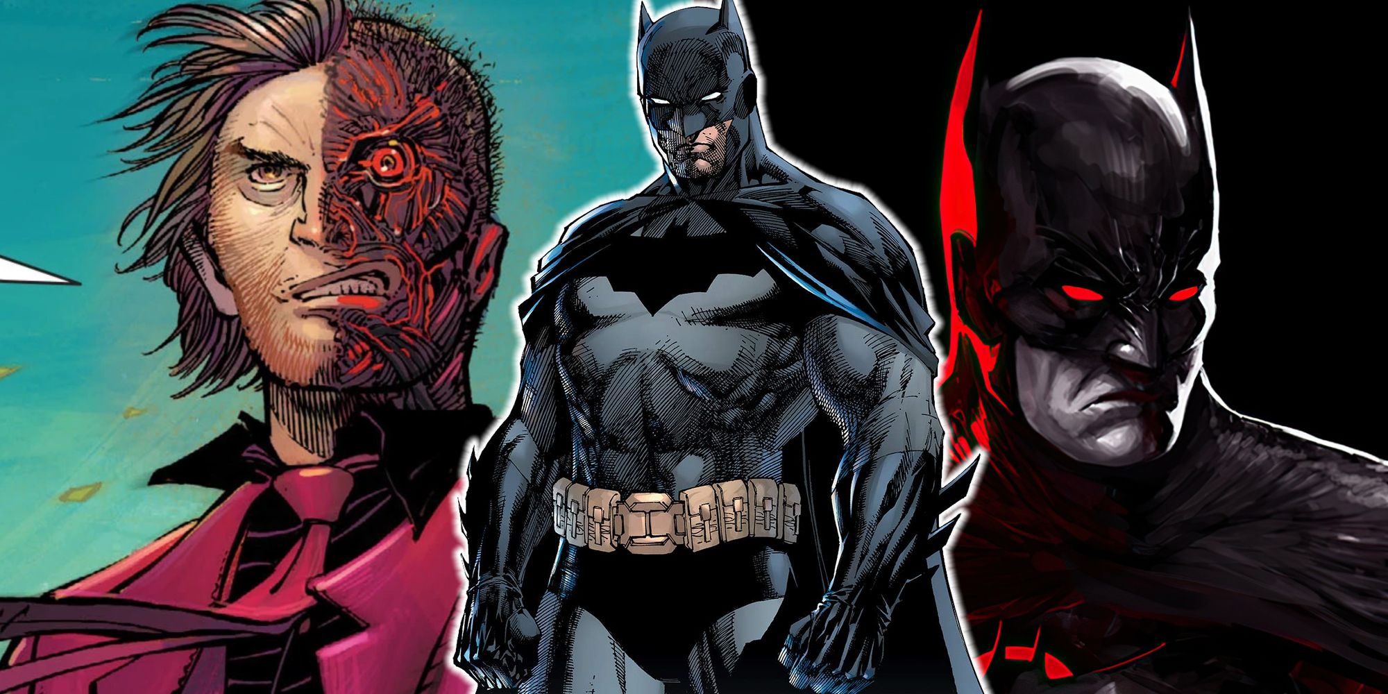 Split image of Two-Face, Flashpoint Batman, and Mainstream Batman