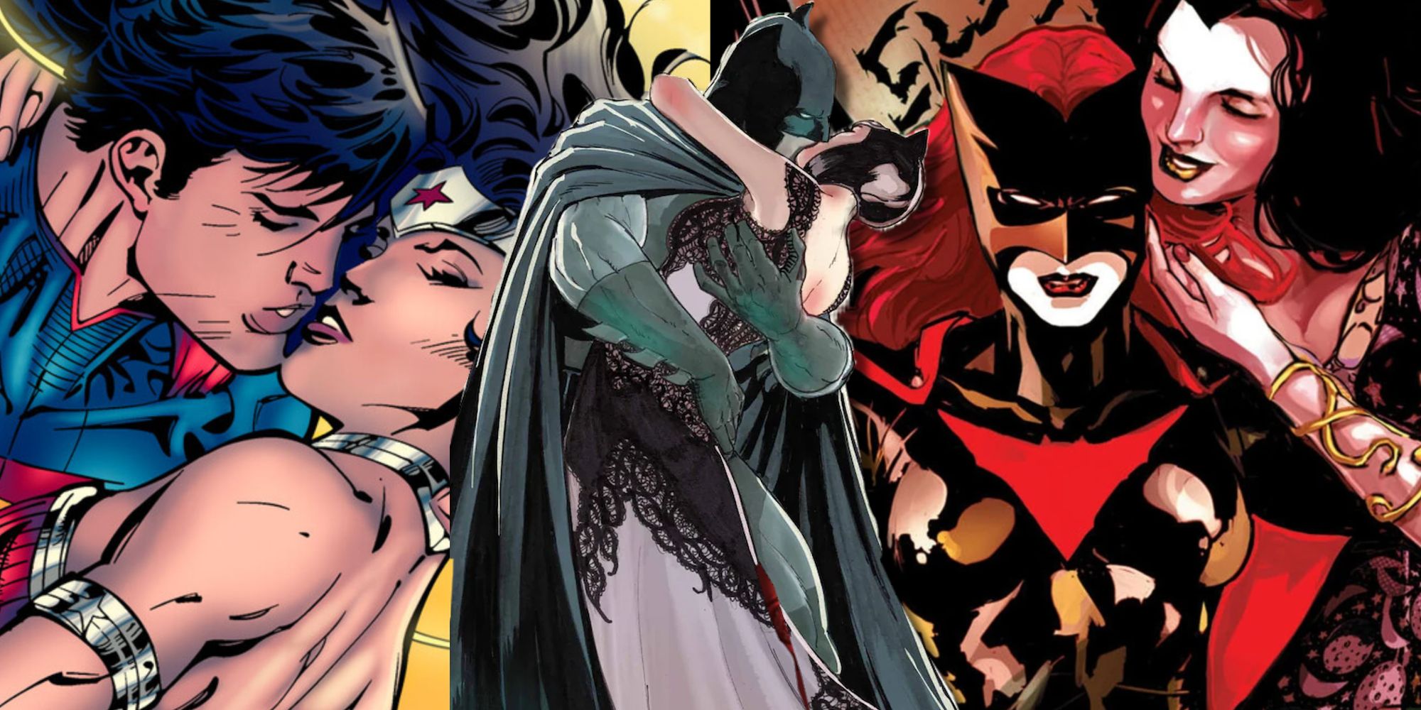Split image of Superman kissing Wonder Woman, Batman and Catwoman's wedding and Batwoman