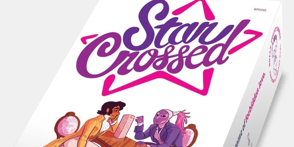 A caixa de cartão físico para Star Crossed RPG.  Dois personagens estão sentados em uma mesa, jogando um jogo de torre de blocos caindo.