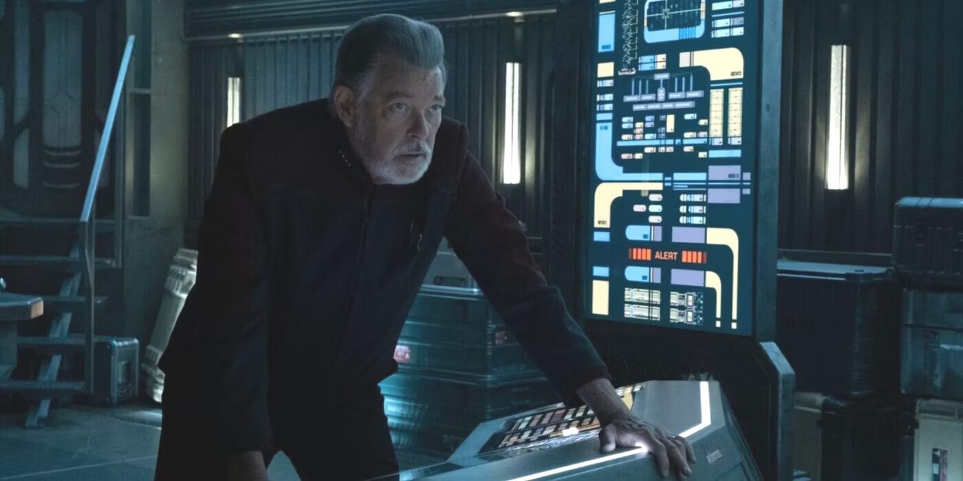 Star Trek Picard Riker leans on console
