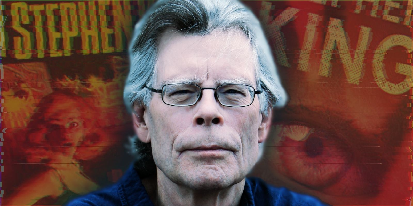 Stephen King in front of two unadapted book covers, Joyland and Insomnia