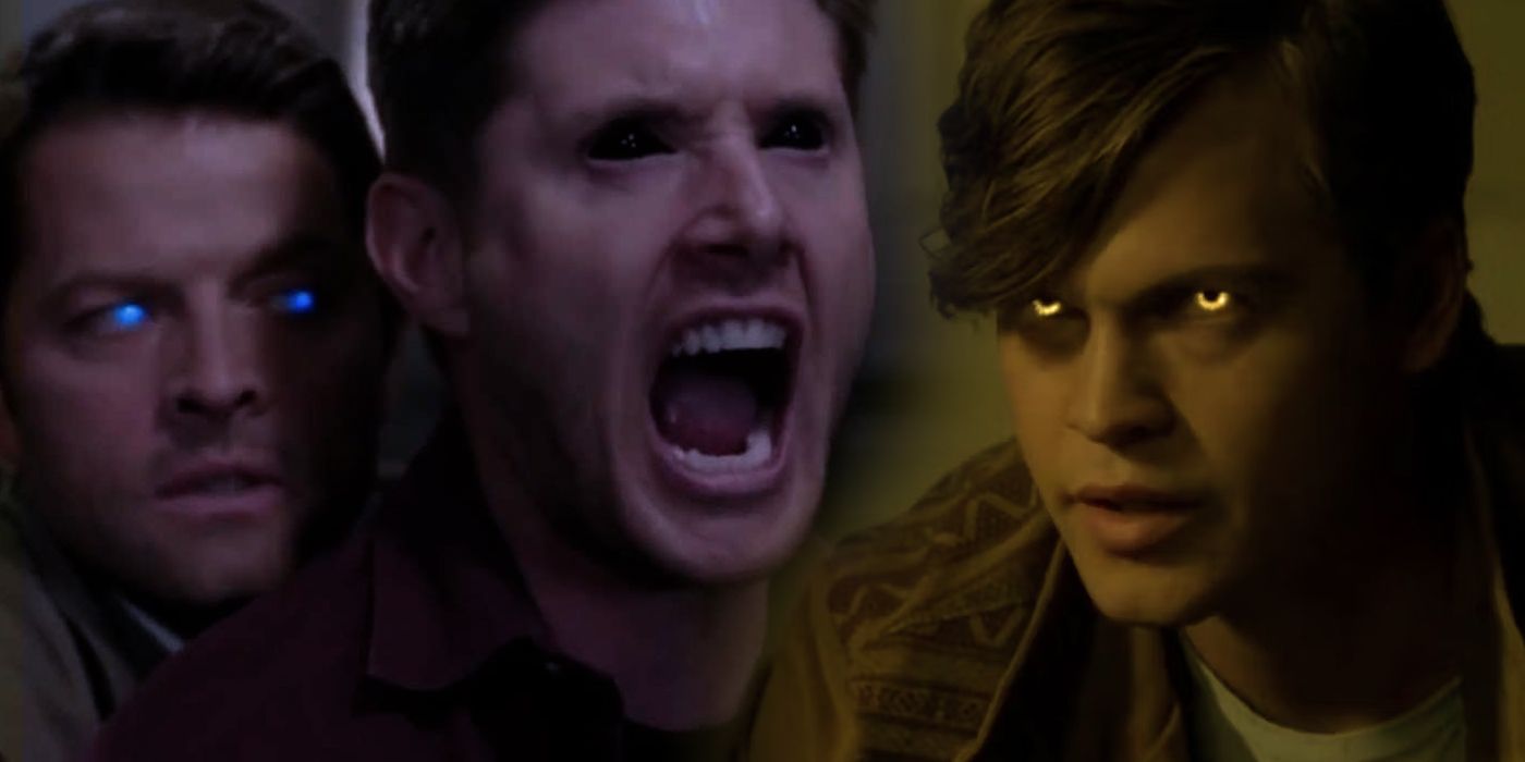 Split image of Castiel and Demon Dean with Jack from Supernatural