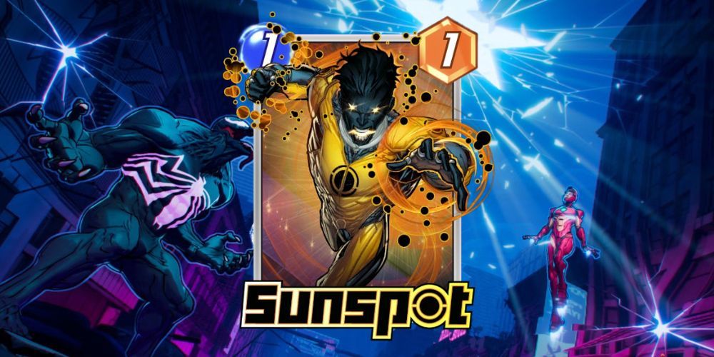 Sunspot card in Marvel Snap with Marvel Snap background.