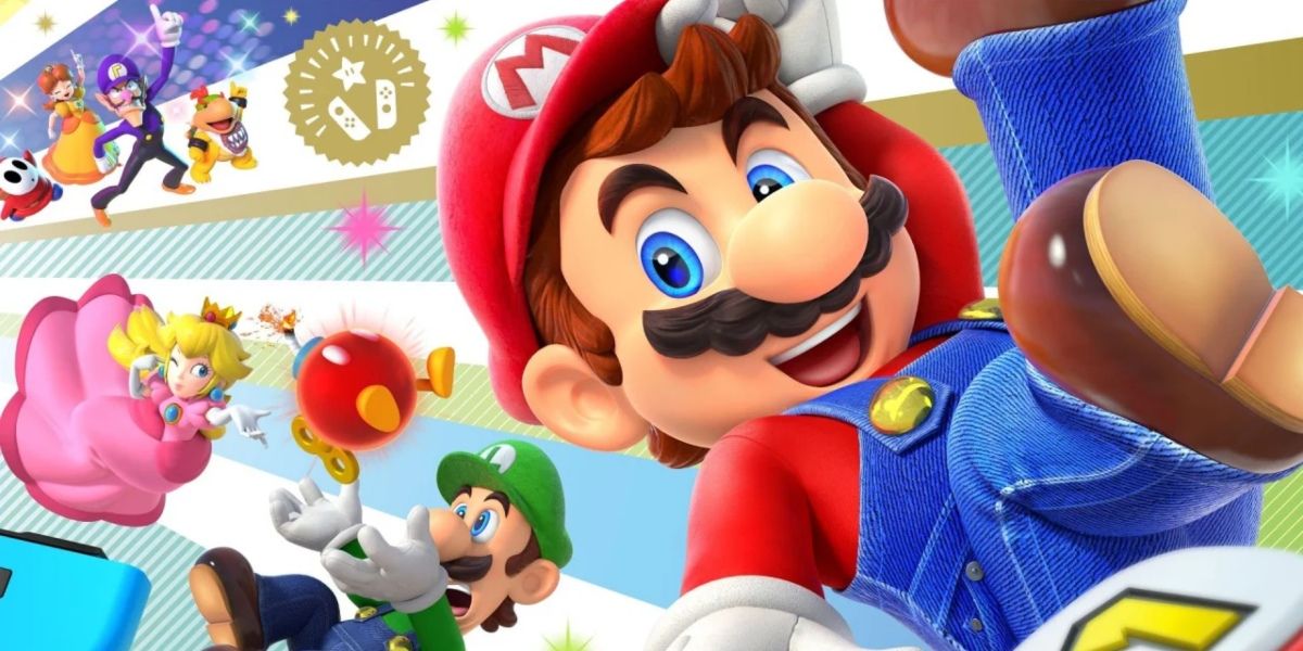 Mario, Peach, Luigi, and other characters on the cover art of Super Mario Party