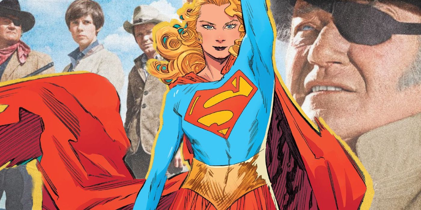 Supergirl in front of characters from 1969's True Grit