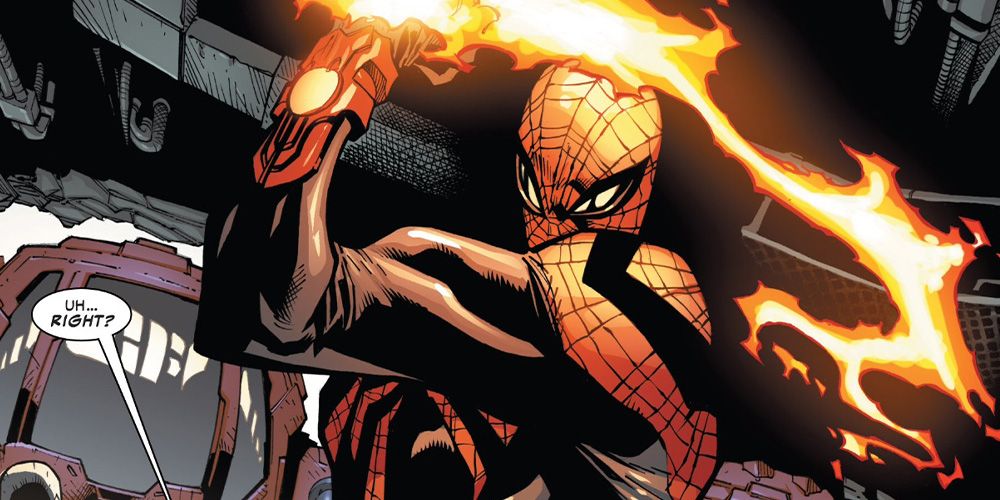 Image of Superior Spider-Man with a flaming fist, ready to strike. 