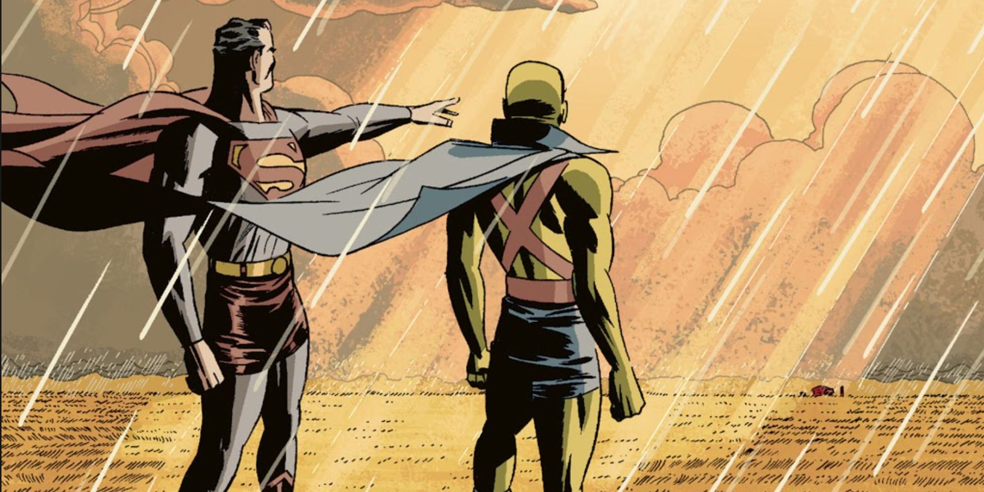 Superman e Caçador de Marte olhando para o oceano em DC's The New Frontier