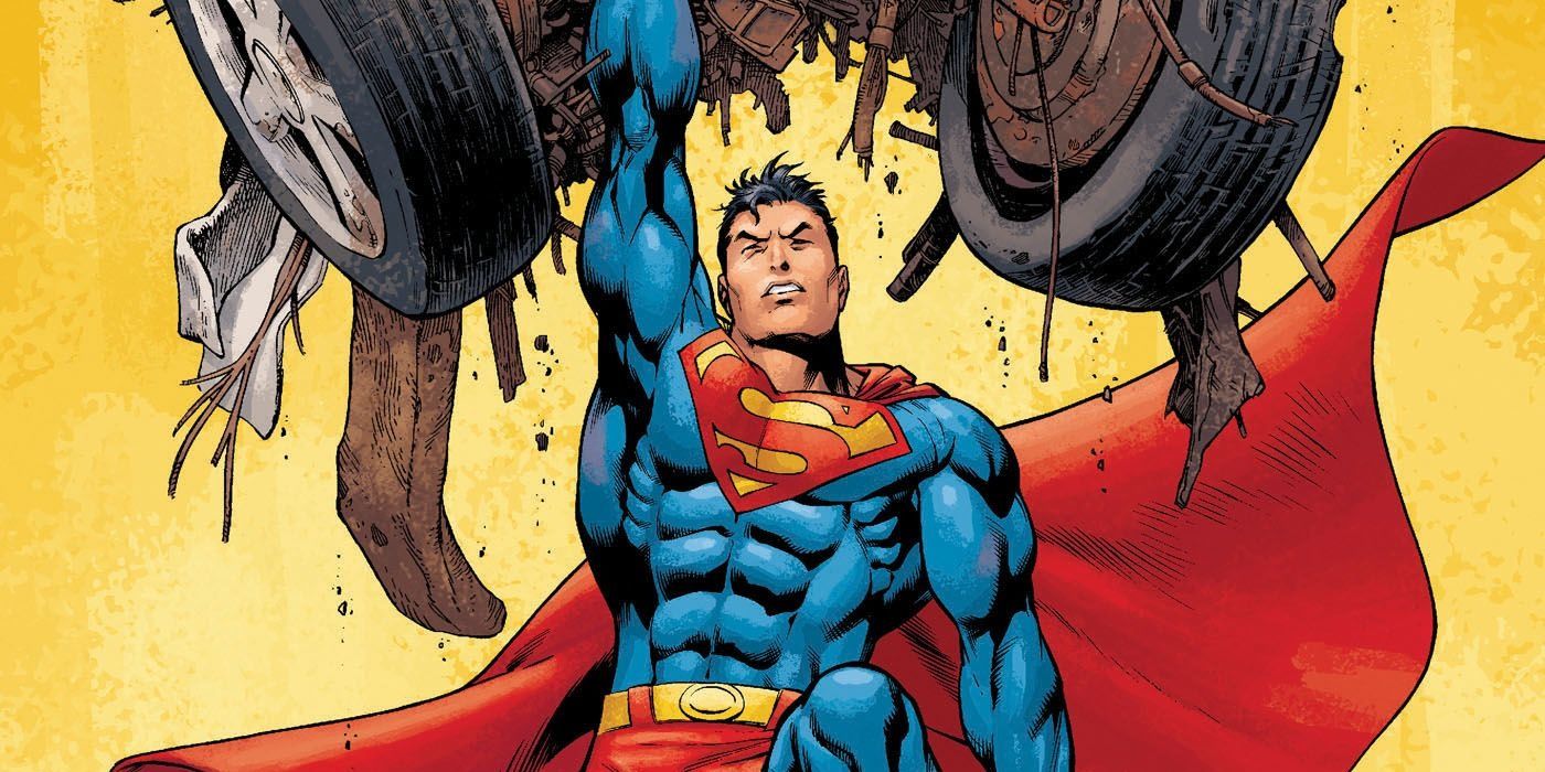 Superman holding a car over his hand with one arm