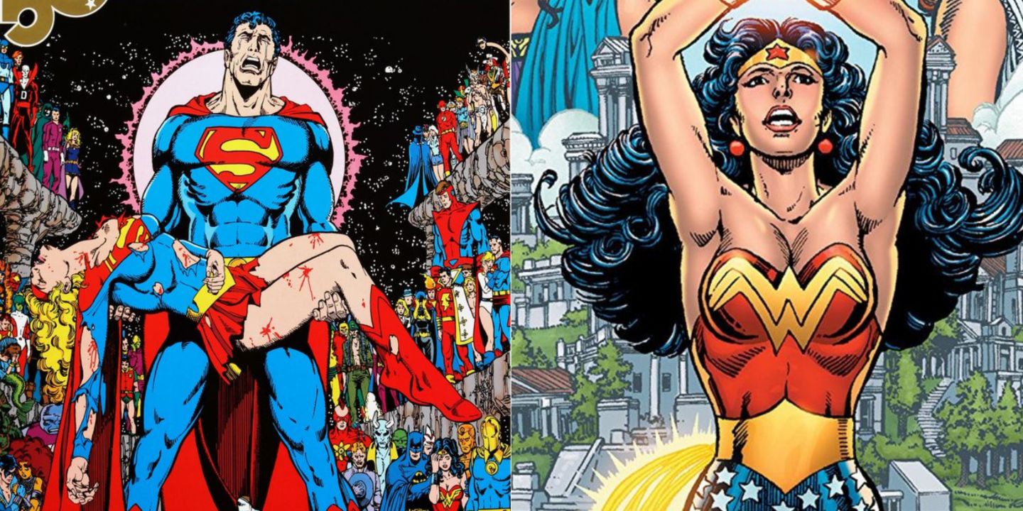 A split image of Superman mourning a dead Supergirl and Wonder Woman in DC Comics