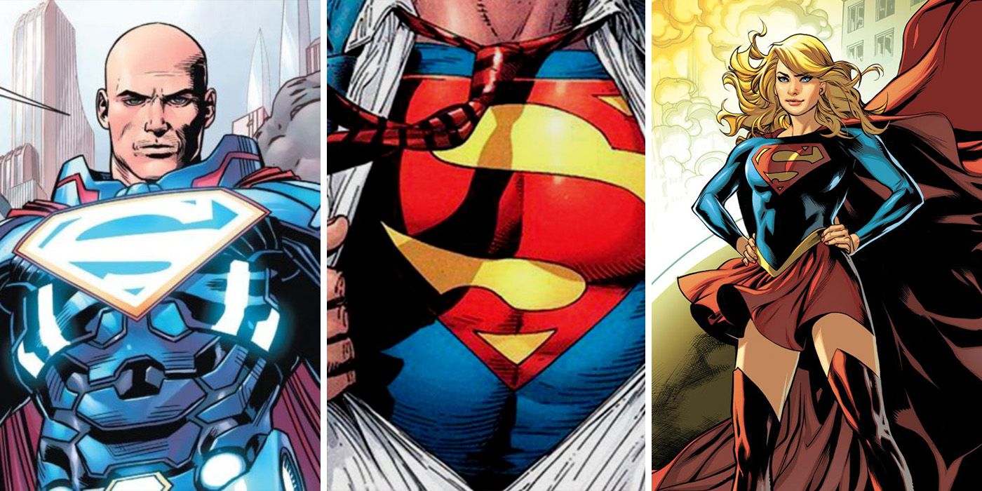 split image of Lex Luthor and Supergirl wearing the Superman logo