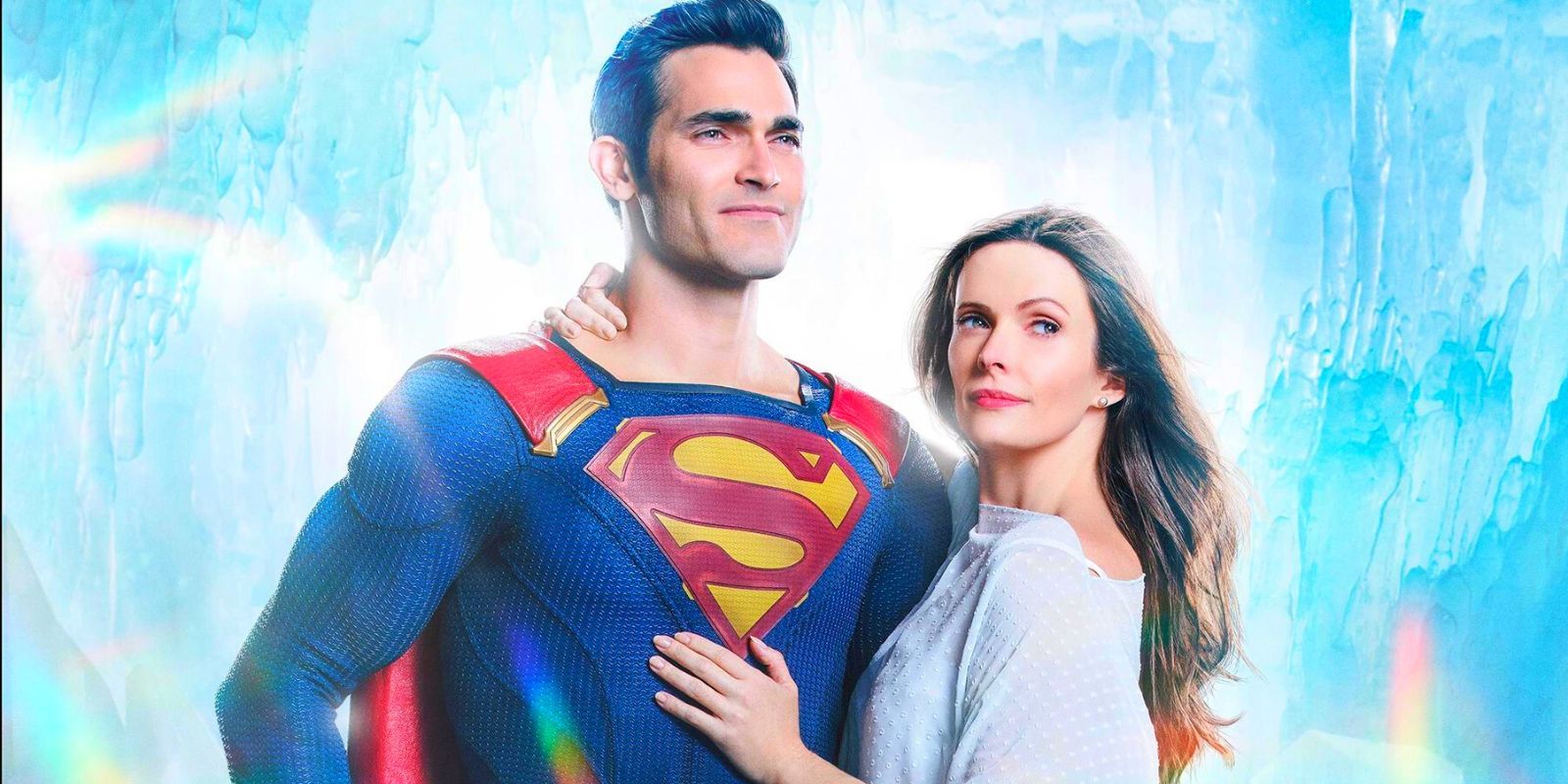 Superman and Lois holding one another in the Fortress of Solitude