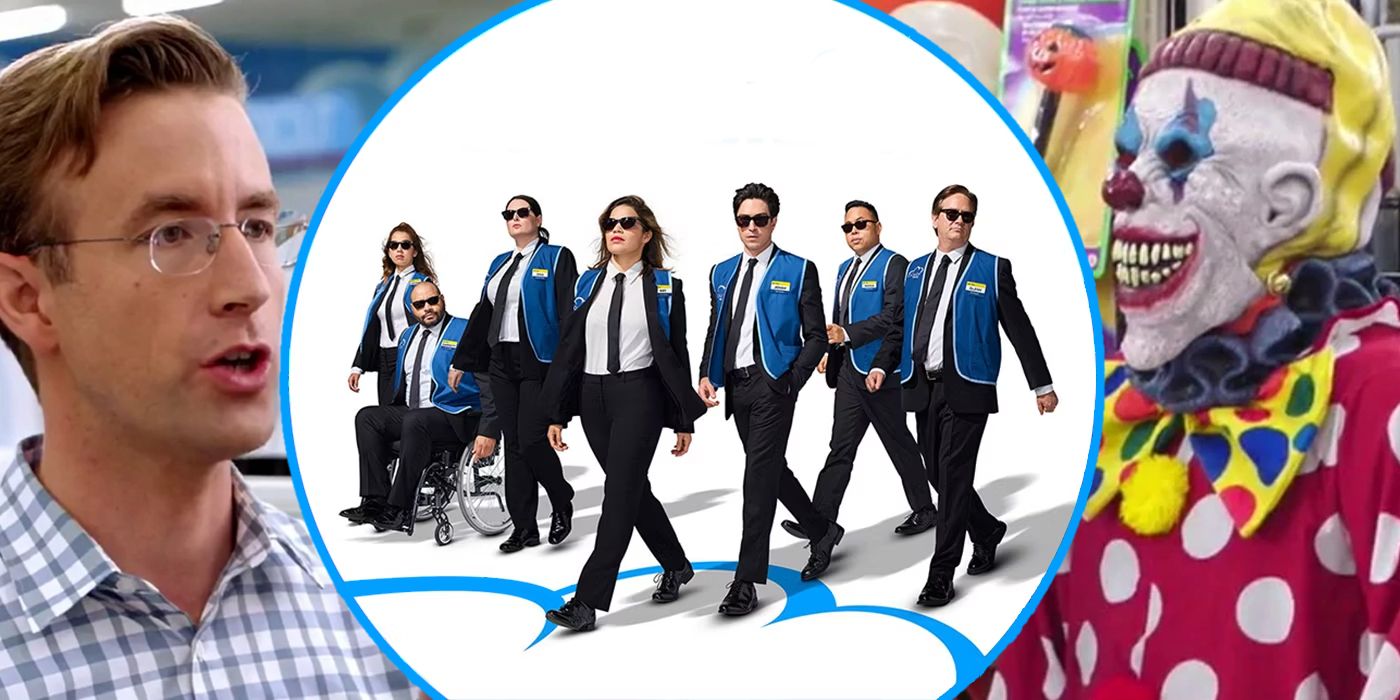 Superstore Featured Image featuring the crew of Cloud 9 looking cool, the Toothbrush guy and the clown customer
