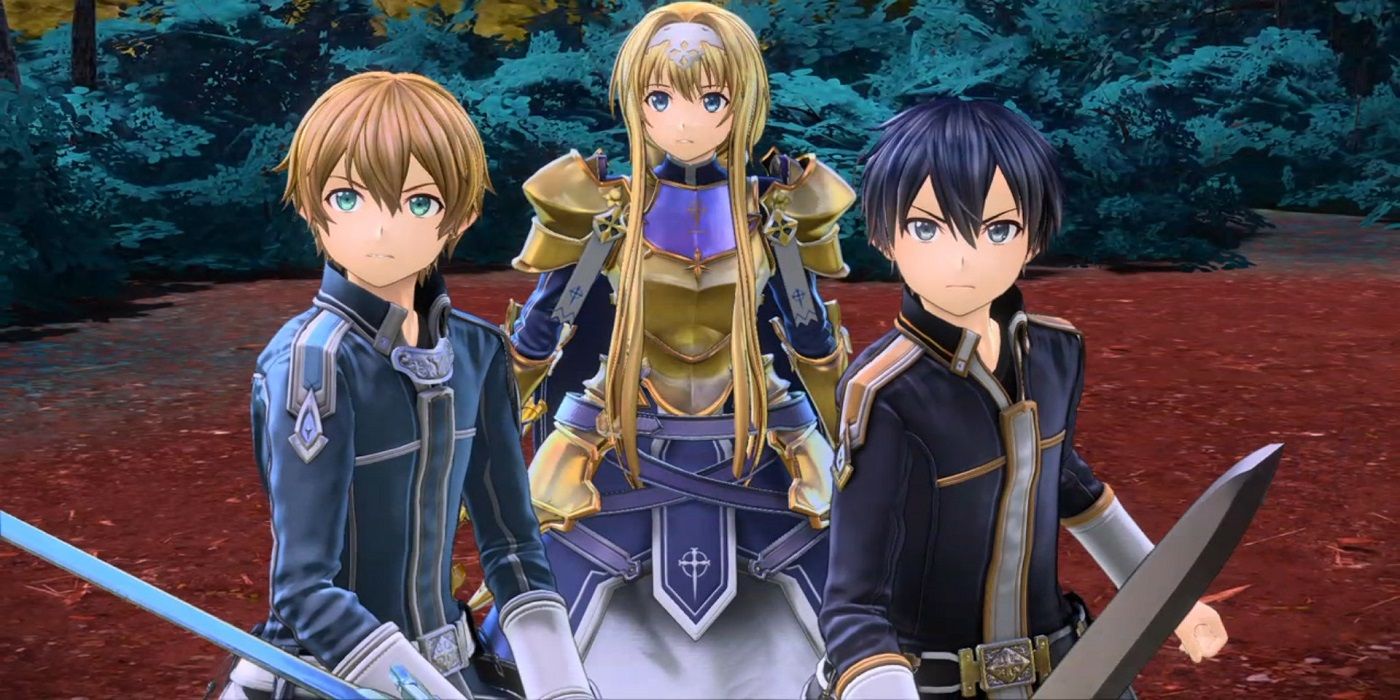 Kirito and two other players holding swords in Sword Art Online Alicization Lycoris.