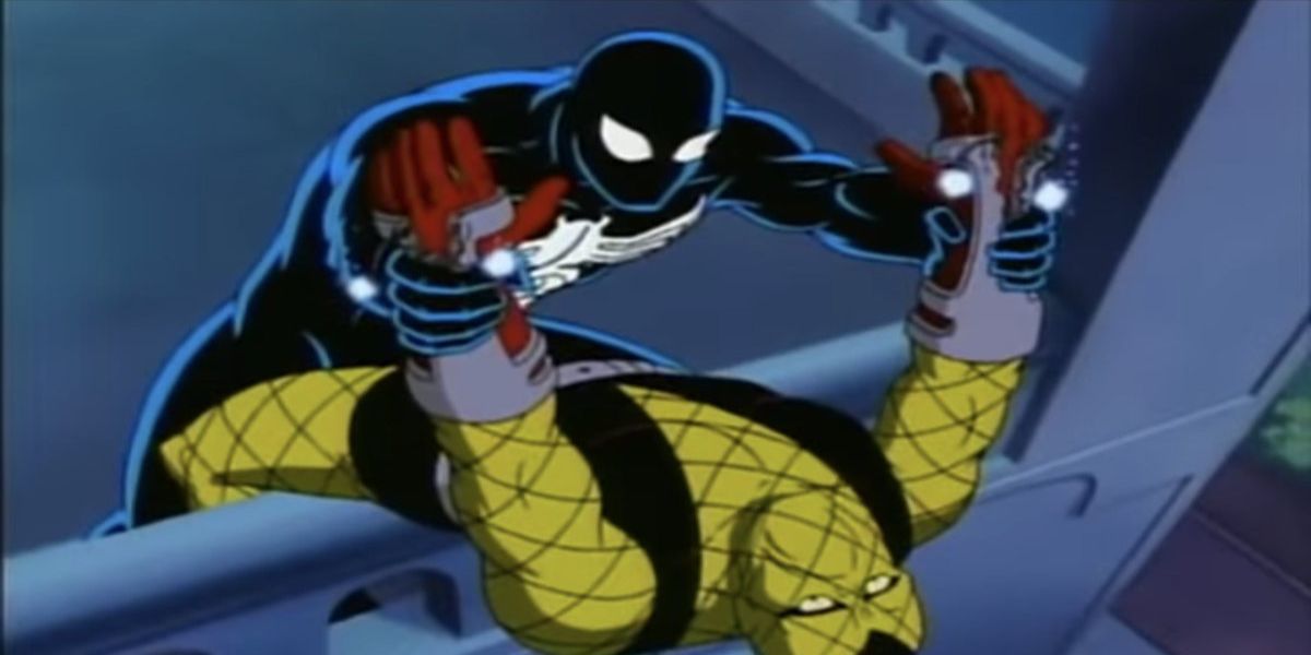 Symbiote Spider-Man about to throw Shocker off a building from Spider-Man: The Animated Series.