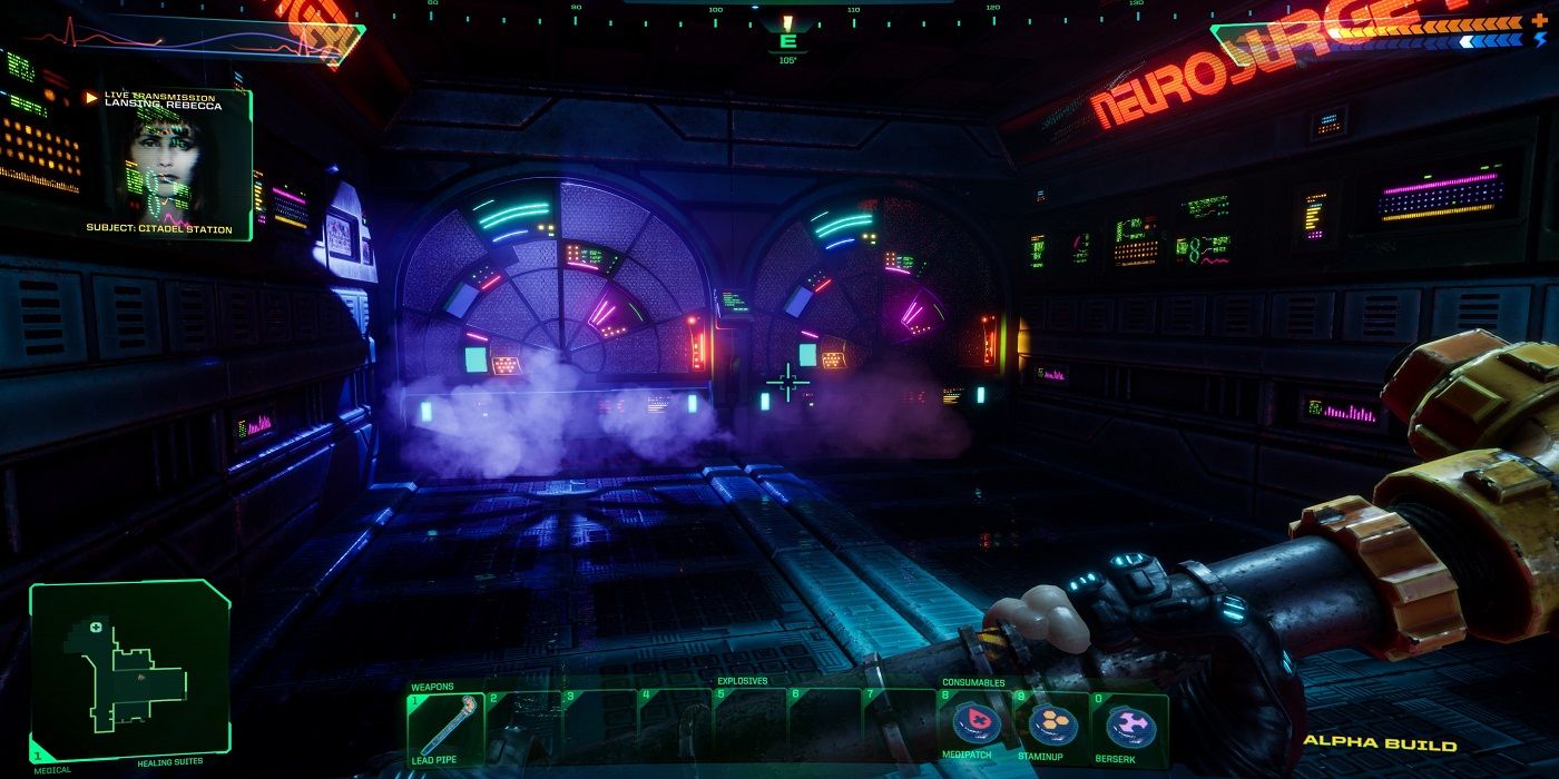 Gameplay de System Shock montrant le joueur armé d'un tuyau s'approchant d'un mur éclairé au néon