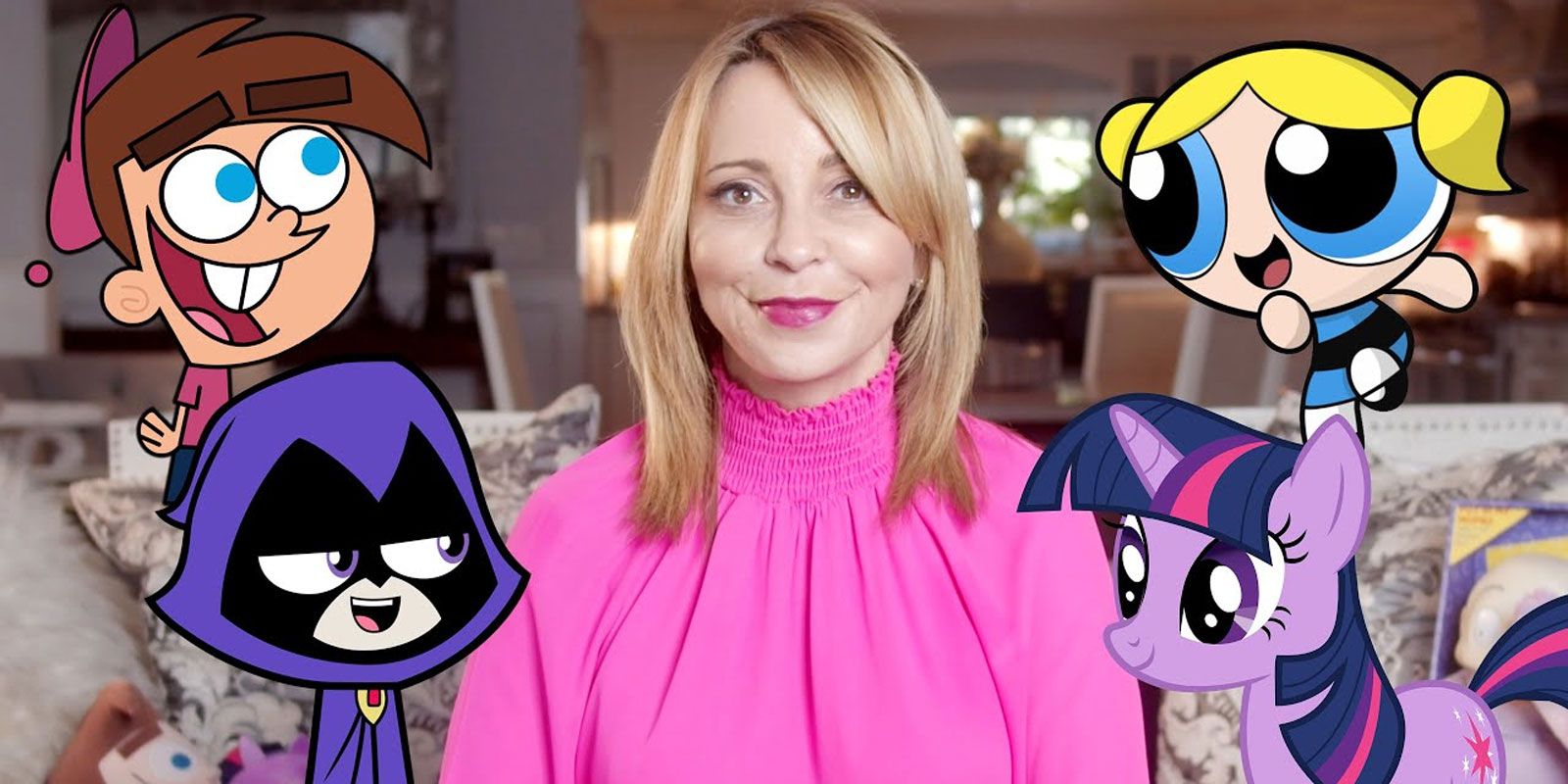 Tara Strong pictured with characters Timmy Turner, Raven, Bubbles, and Twilight Sparkle (who she provides voices for)